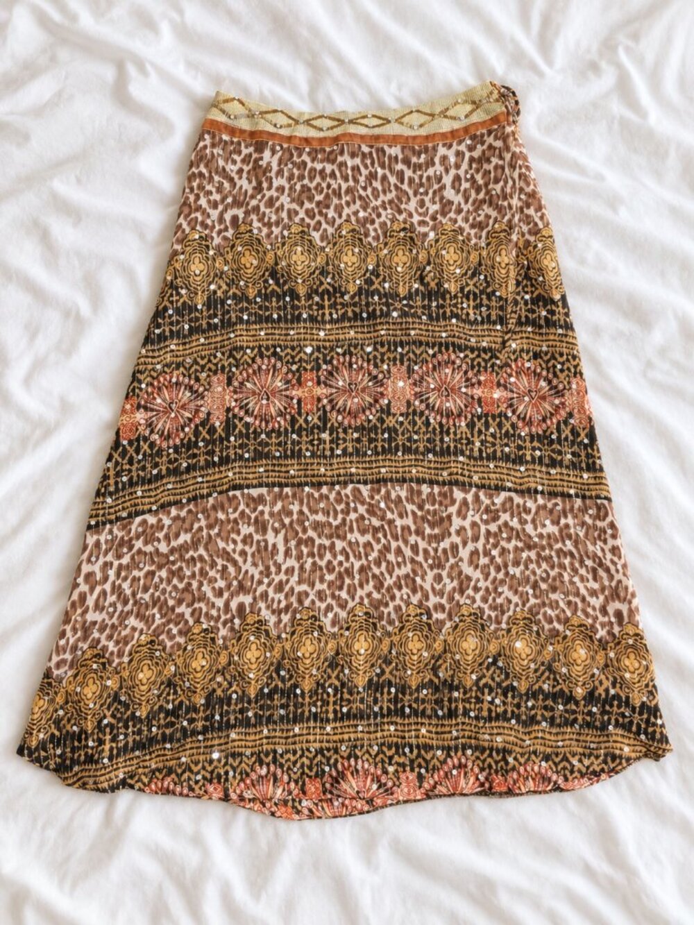 Leopard Print Beaded Silk Skirt